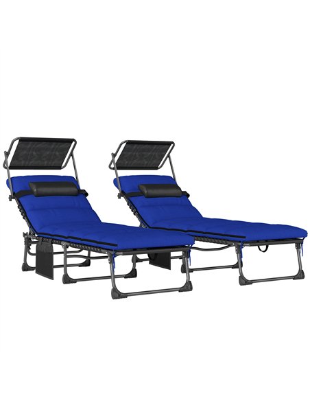 Outsunny Folding Sun Loungers Set of 2 with Canopy, Reclining Sunbed with Cushion, Side Pocket, Carrying Handle, Dark Blue - pic 189814 | FastDaddyshop