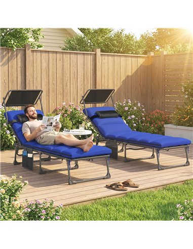 Outsunny Folding Sun Loungers Set of 2 with Canopy, Reclining Sunbed with Cushion, Side Pocket, Carrying Handle, Dark Blue