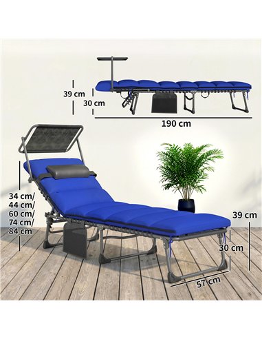 Outsunny Folding Sun Loungers Set of 2 with Canopy, Reclining Sunbed with Cushion, Side Pocket, Carrying Handle, Dark Blue