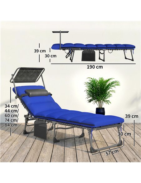 Outsunny Folding Sun Loungers Set of 2 with Canopy, Reclining Sunbed with Cushion, Side Pocket, Carrying Handle, Dark Blue - pic 189816 | FastDaddyshop
