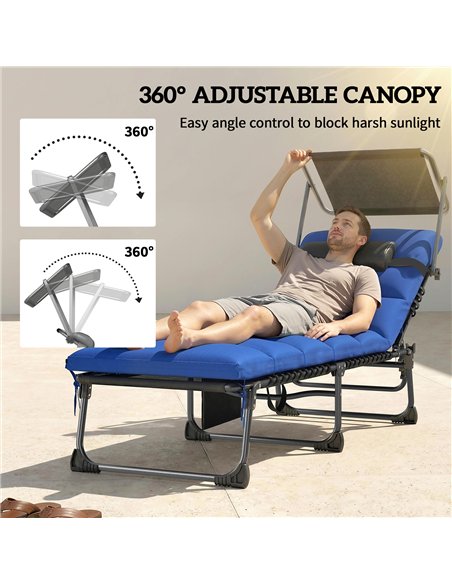 Outsunny Folding Sun Loungers Set of 2 with Canopy, Reclining Sunbed with Cushion, Side Pocket, Carrying Handle, Dark Blue - pic 189817 | FastDaddyshop
