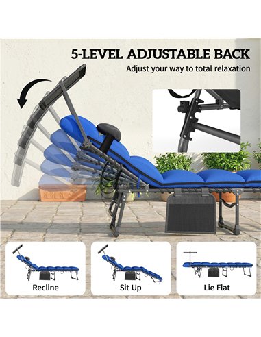 Outsunny Folding Sun Loungers Set of 2 with Canopy, Reclining Sunbed with Cushion, Side Pocket, Carrying Handle, Dark Blue