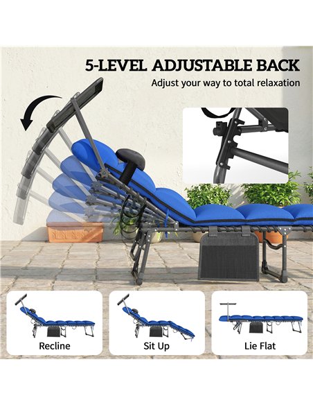 Outsunny Folding Sun Loungers Set of 2 with Canopy, Reclining Sunbed with Cushion, Side Pocket, Carrying Handle, Dark Blue - pic 189818 | FastDaddyshop