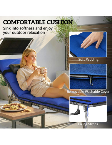 Outsunny Folding Sun Loungers Set of 2 with Canopy, Reclining Sunbed with Cushion, Side Pocket, Carrying Handle, Dark Blue