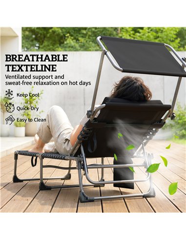 Outsunny Folding Sun Loungers Set of 2 with Canopy, Reclining Sunbed with Cushion, Side Pocket, Carrying Handle, Dark Blue