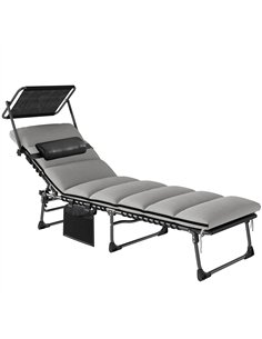 Outsunny Folding Sun Lounger with Canopy, Reclining Sunbed with Cushion, Side Pocket, Carrying Handle, Light Grey