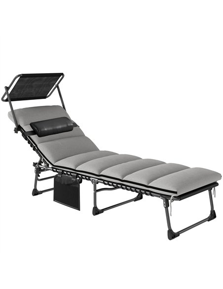 Outsunny Folding Sun Lounger with Canopy, Reclining Sunbed with Cushion, Side Pocket, Carrying Handle, Light Grey - pic 189823 | FastDaddyshop