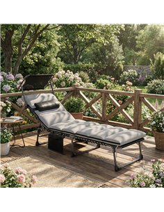 Outsunny Folding Sun Lounger with Canopy, Reclining Sunbed with Cushion, Side Pocket, Carrying Handle, Light Grey 2