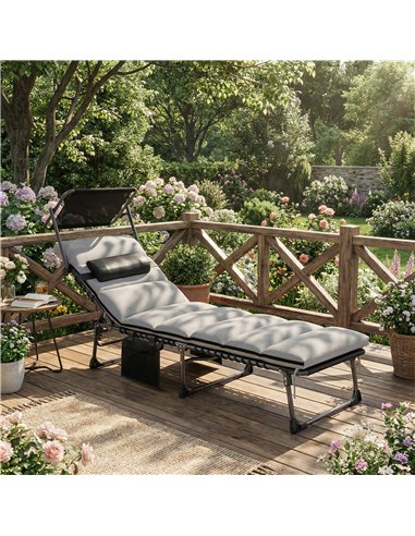 Outsunny Folding Sun Lounger with Canopy, Reclining Sunbed with Cushion, Side Pocket, Carrying Handle, Light Grey