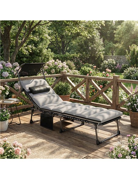 Outsunny Folding Sun Lounger with Canopy, Reclining Sunbed with Cushion, Side Pocket, Carrying Handle, Light Grey - pic 189824 | FastDaddyshop