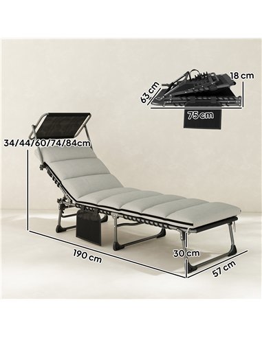 Outsunny Folding Sun Lounger with Canopy, Reclining Sunbed with Cushion, Side Pocket, Carrying Handle, Light Grey