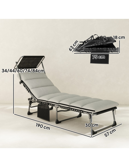 Outsunny Folding Sun Lounger with Canopy, Reclining Sunbed with Cushion, Side Pocket, Carrying Handle, Light Grey - pic 189825 | FastDaddyshop