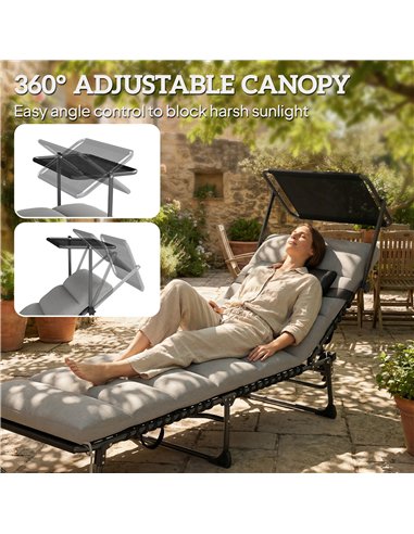 Outsunny Folding Sun Lounger with Canopy, Reclining Sunbed with Cushion, Side Pocket, Carrying Handle, Light Grey