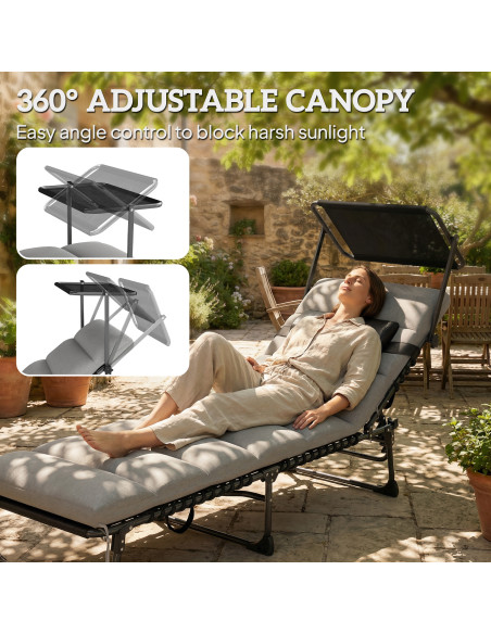 Outsunny Folding Sun Lounger with Canopy, Reclining Sunbed with Cushion, Side Pocket, Carrying Handle, Light Grey - pic 189826 | FastDaddyshop