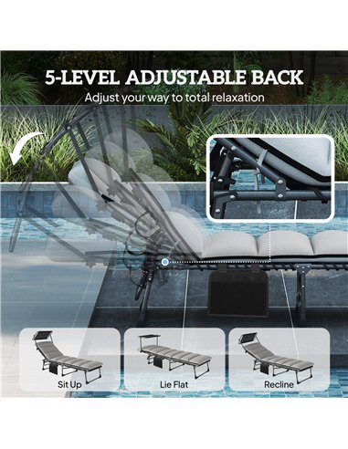Outsunny Folding Sun Lounger with Canopy, Reclining Sunbed with Cushion, Side Pocket, Carrying Handle, Light Grey