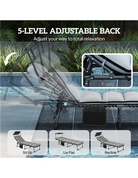 Outsunny Folding Sun Lounger with Canopy, Reclining Sunbed with Cushion, Side Pocket, Carrying Handle, Light Grey - pic 189827 | FastDaddyshop