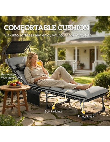 Outsunny Folding Sun Lounger with Canopy, Reclining Sunbed with Cushion, Side Pocket, Carrying Handle, Light Grey