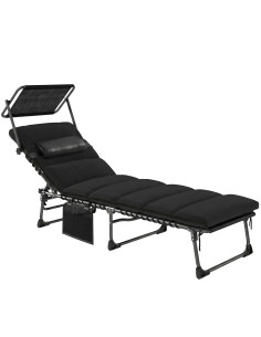 Outsunny Folding Sun Lounger with Canopy, Reclining Sunbed with Cushion, Side Pocket, Carrying Handle, Black