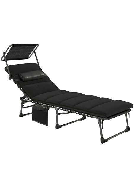 Outsunny Folding Sun Lounger with Canopy, Reclining Sunbed with Cushion, Side Pocket, Carrying Handle, Black - pic 189832 | FastDaddyshop