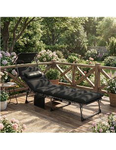 Outsunny Folding Sun Lounger with Canopy, Reclining Sunbed with Cushion, Side Pocket, Carrying Handle, Black 2