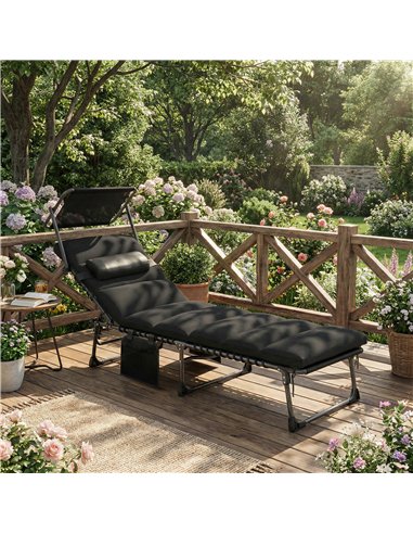 Outsunny Folding Sun Lounger with Canopy, Reclining Sunbed with Cushion, Side Pocket, Carrying Handle, Black