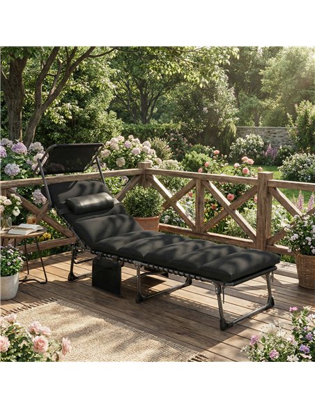 Outsunny Folding Sun Lounger with Canopy, Reclining Sunbed with Cushion, Side Pocket, Carrying Handle, Black - pic 189833 | FastDaddyshop