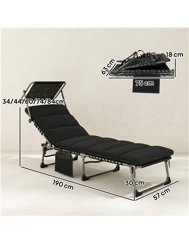 Outsunny Folding Sun Lounger with Canopy, Reclining Sunbed with Cushion, Side Pocket, Carrying Handle, Black