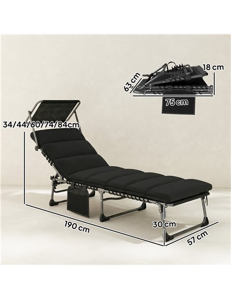 Outsunny Folding Sun Lounger with Canopy, Reclining Sunbed with Cushion, Side Pocket, Carrying Handle, Black - pic 189834 | FastDaddyshop