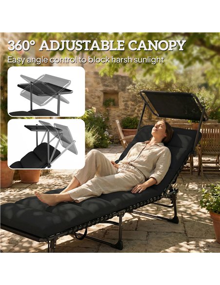 Outsunny Folding Sun Lounger with Canopy, Reclining Sunbed with Cushion, Side Pocket, Carrying Handle, Black - pic 189835 | FastDaddyshop