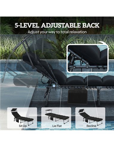 Outsunny Folding Sun Lounger with Canopy, Reclining Sunbed with Cushion, Side Pocket, Carrying Handle, Black
