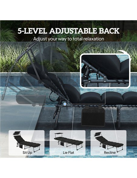 Outsunny Folding Sun Lounger with Canopy, Reclining Sunbed with Cushion, Side Pocket, Carrying Handle, Black - pic 189836 | FastDaddyshop