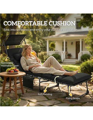 Outsunny Folding Sun Lounger with Canopy, Reclining Sunbed with Cushion, Side Pocket, Carrying Handle, Black