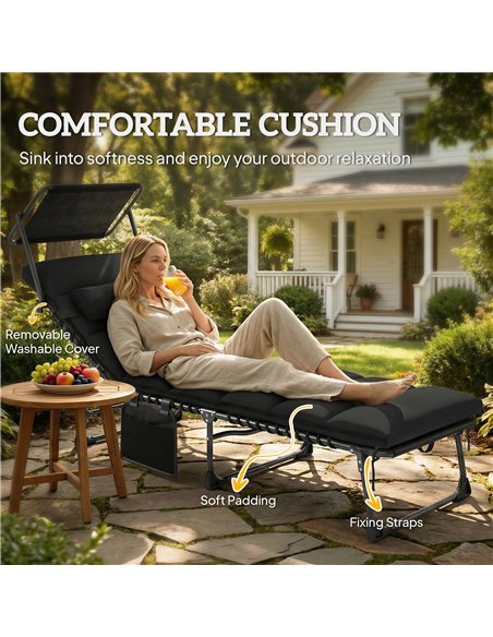 Outsunny Folding Sun Lounger with Canopy, Reclining Sunbed with Cushion, Side Pocket, Carrying Handle, Black - pic 189837 | FastDaddyshop