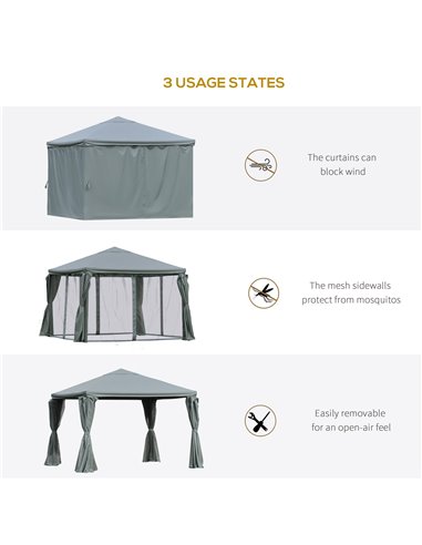 Outsunny 3(m) Garden Gazebo Canopy Party Tent Garden Pavilion Patio Shelter Aluminum Frame with Curtains, Netting Sidewalls, Gre