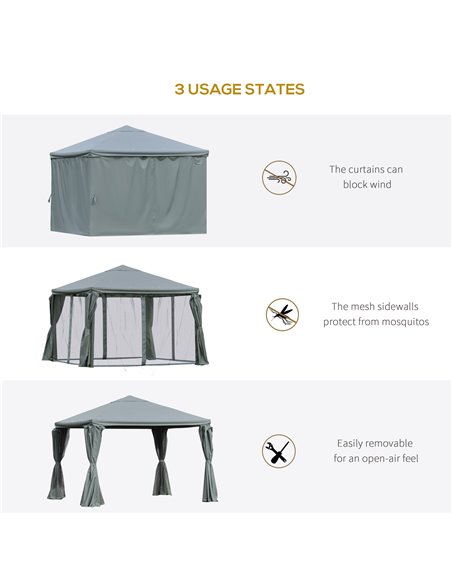 Outsunny 3(m) Garden Gazebo Canopy Party Tent Garden Pavilion Patio Shelter Aluminum Frame with Curtains, Netting Sidewalls, Gre - pic 18984 | FastDaddyshop