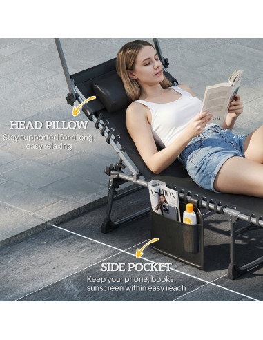 Outsunny Folding Sun Lounger with Canopy, Reclining Sunbed with Cushion, Side Pocket, Carrying Handle, Black