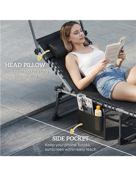 Outsunny Folding Sun Lounger with Canopy, Reclining Sunbed with Cushion, Side Pocket, Carrying Handle, Black - pic 189840 | FastDaddyshop