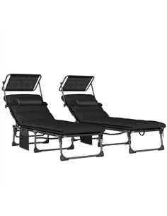 Outsunny Folding Sun Loungers Set of 2 with Canopy, Reclining Sunbed with Cushion, Side Pocket, Carrying Handle, Black