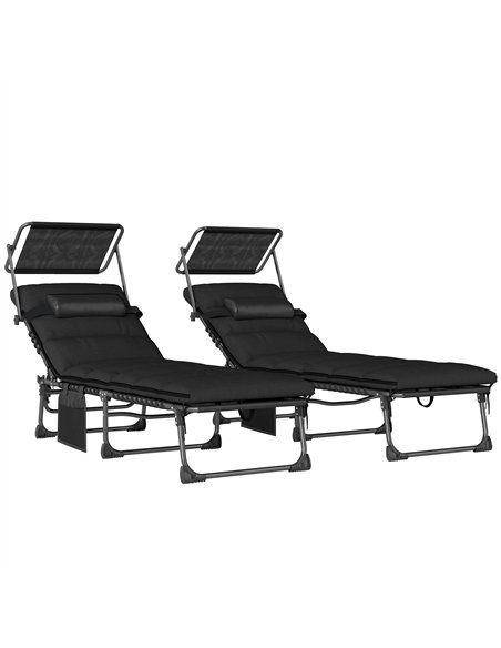 Outsunny Folding Sun Loungers Set of 2 with Canopy, Reclining Sunbed with Cushion, Side Pocket, Carrying Handle, Black - pic 189841 | FastDaddyshop