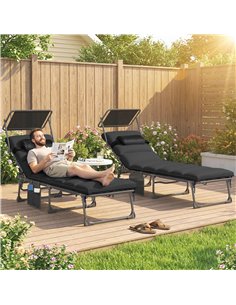Outsunny Folding Sun Loungers Set of 2 with Canopy, Reclining Sunbed with Cushion, Side Pocket, Carrying Handle, Black 2