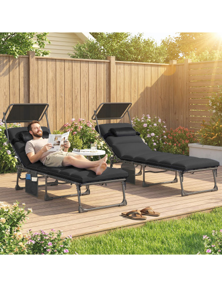 Outsunny Folding Sun Loungers Set of 2 with Canopy, Reclining Sunbed with Cushion, Side Pocket, Carrying Handle, Black - pic 189842 | FastDaddyshop