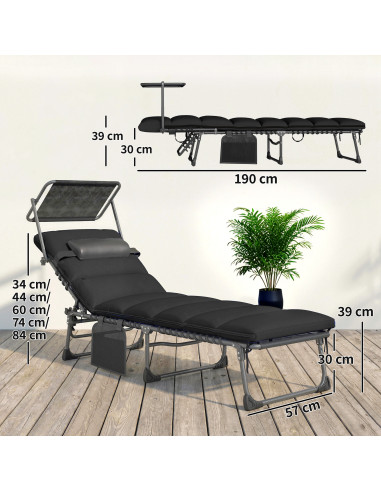 Outsunny Folding Sun Loungers Set of 2 with Canopy, Reclining Sunbed with Cushion, Side Pocket, Carrying Handle, Black