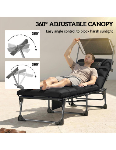 Outsunny Folding Sun Loungers Set of 2 with Canopy, Reclining Sunbed with Cushion, Side Pocket, Carrying Handle, Black