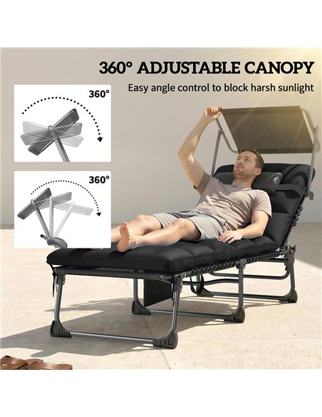 Outsunny Folding Sun Loungers Set of 2 with Canopy, Reclining Sunbed with Cushion, Side Pocket, Carrying Handle, Black - pic 189844 | FastDaddyshop