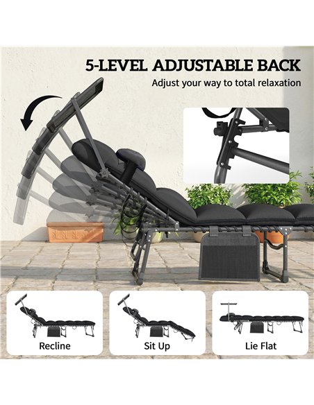 Outsunny Folding Sun Loungers Set of 2 with Canopy, Reclining Sunbed with Cushion, Side Pocket, Carrying Handle, Black - pic 189845 | FastDaddyshop