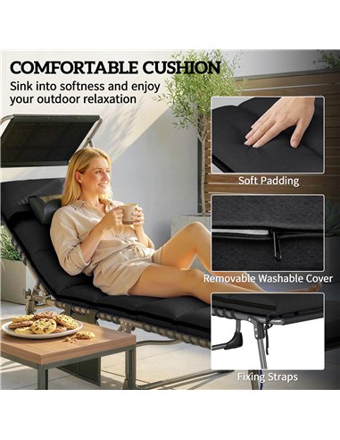 Outsunny Folding Sun Loungers Set of 2 with Canopy, Reclining Sunbed with Cushion, Side Pocket, Carrying Handle, Black