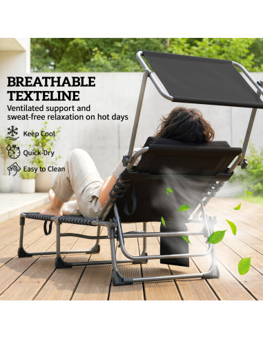 Outsunny Folding Sun Loungers Set of 2 with Canopy, Reclining Sunbed with Cushion, Side Pocket, Carrying Handle, Black