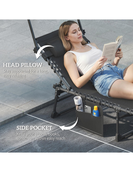 Outsunny Folding Sun Loungers Set of 2 with Canopy, Reclining Sunbed with Cushion, Side Pocket, Carrying Handle, Black - pic 189849 | FastDaddyshop