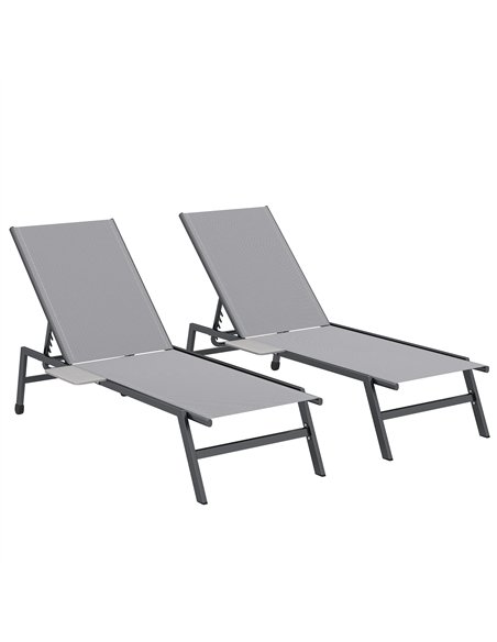 Outsunny Sun Loungers Set of 2 with Side Tray Table, Garden Recliners with 5-Position Adjustable Backrest, 2 Wheels, Grey - pic 189850 | FastDaddyshop