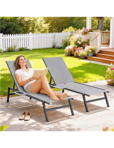 Outsunny Sun Loungers Set of 2 with Side Tray Table, Garden Recliners with 5-Position Adjustable Backrest, 2 Wheels, Grey - pic 189851 | FastDaddyshop